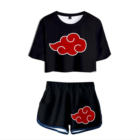 Gym Clothing Naruto Akatsuki Red Cloud Two Piece Sets T-shirt and Elastic Shorts